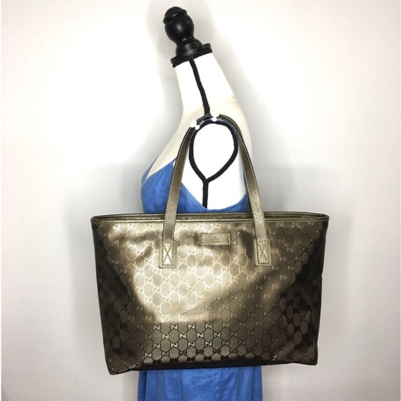 Authentic Gucci khaki green coated monogram canvas tote bag - Picture 2 of 16